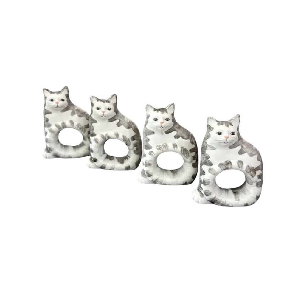 Silvestri Gray & White Cat Napkin Rings Set of 4 Ceramic Kitty Holders